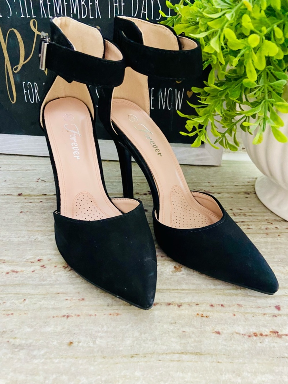 Velvet Forever Black Pointed Toe Ankle Strap Stiletto Heels
